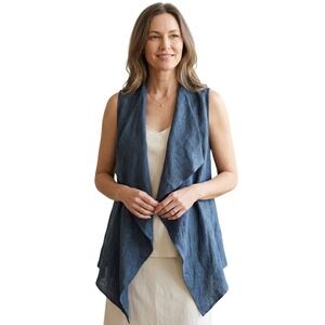 Cielo Blu Womens Blue 100% Linen Waterfall Draped Open Front Vest LG2058 XS